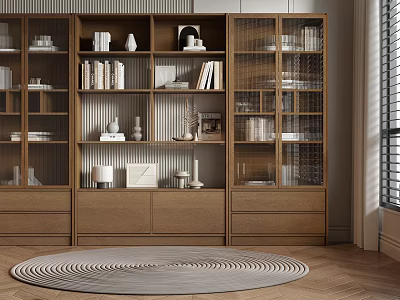 Modern Wooden Bookcase Interior Design With Open Shelves Glass Doors And Decorative Items 3d model