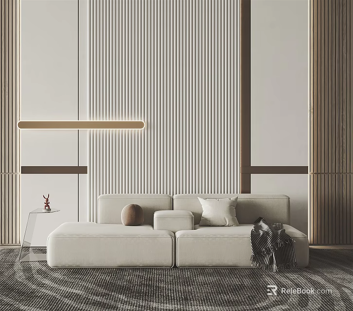 Beige Double Sofa With Pillows And Throw In Modern Living Room Striped Wall Pendant Light 3d model 