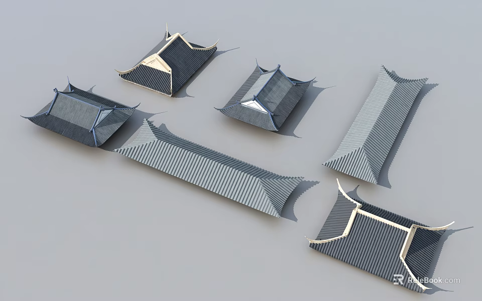 Traditional Chinese Architectural Components Various Shaped Roof Structures With Tile Patterns 3d model 