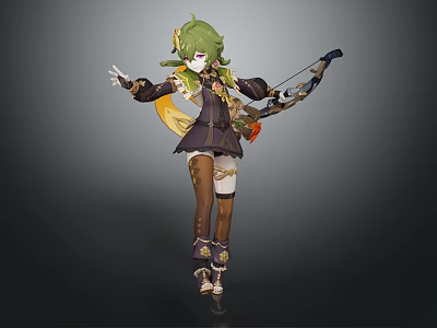 Green Haired Archer Character With Small Animal Pendant And Bow In Dark Golden Trimmed Outfit 3d model