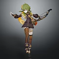 Green Haired Archer Character With Small Animal Pendant And Bow In Dark Golden Trimmed Outfit