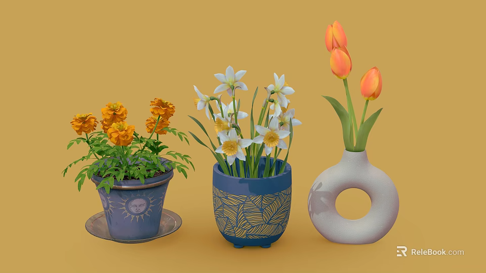 Colorful Flowers in Blue Patterned Pots and White Ring Shaped Vase on Yellow Background 3d model 