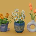 Colorful Flowers in Blue Patterned Pots and White Ring Shaped Vase on Yellow Background