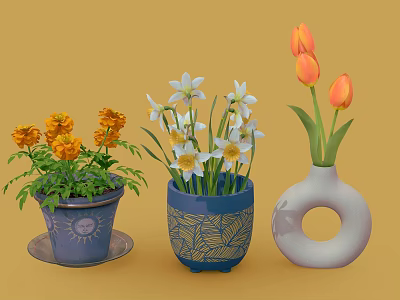 Colorful Flowers in Blue Patterned Pots and White Ring Shaped Vase on Yellow Background 3d model