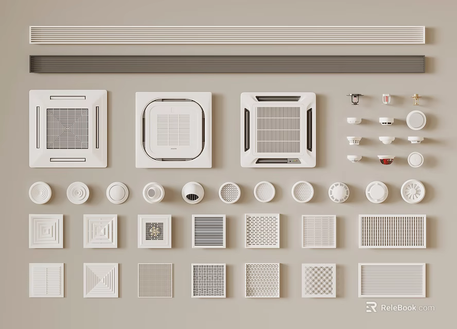 Various Air Conditioner Vents With Square Round And Rectangular Grille Designs 3d model 