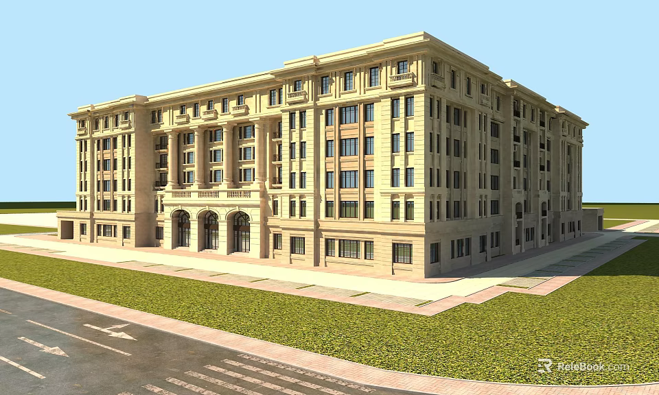 Classical Style Hotel Building With Beige Exterior Arched Doorways And Multiple Windows Near Lawn 3d model 