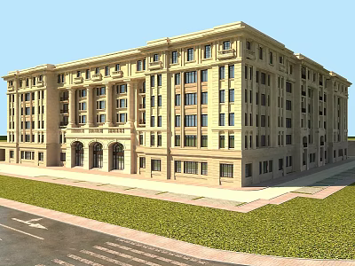 Classical Style Hotel Building With Beige Exterior Arched Doorways And Multiple Windows Near Lawn 3d model