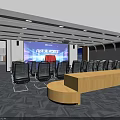 Modern Conference Room Interior Design With Large Screen Chairs And Wooden Long Table