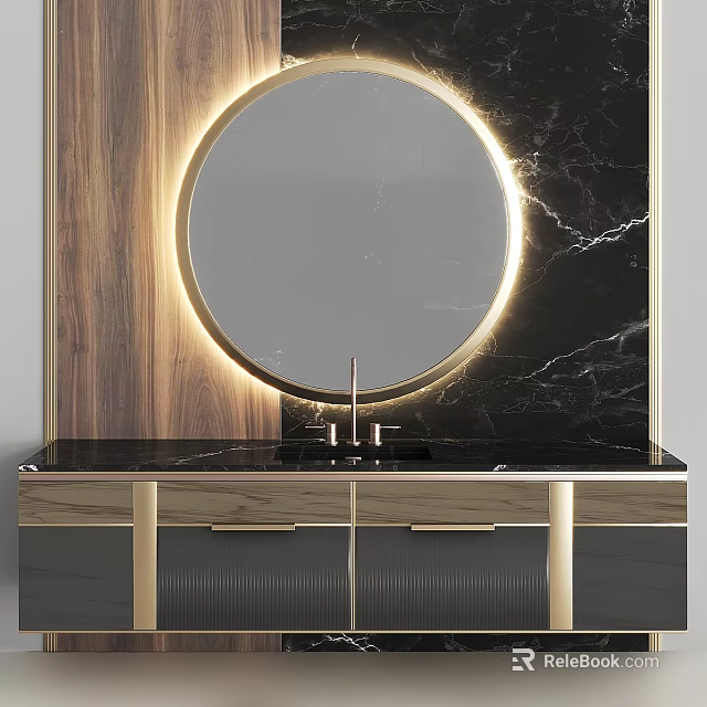 Modern Bathroom Vanity With Round Backlit Mirror Wooden Cabinet Marble Countertop And Gold Accents 3d model 