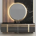 Modern Bathroom Vanity With Round Backlit Mirror Wooden Cabinet Marble Countertop And Gold Accents