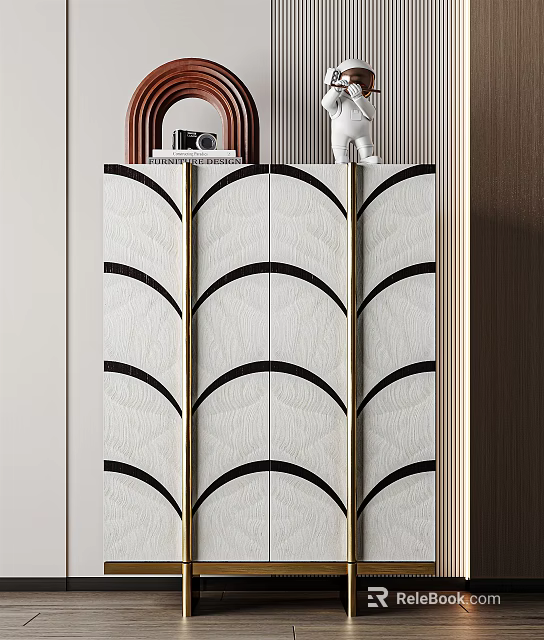 Elegant Modern Entryway Side Cabinet With Curved Black Lines White Panels And Gold Accents 3d model 