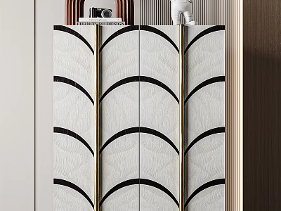 Elegant Modern Entryway Side Cabinet With Curved Black Lines White Panels And Gold Accents 3d model