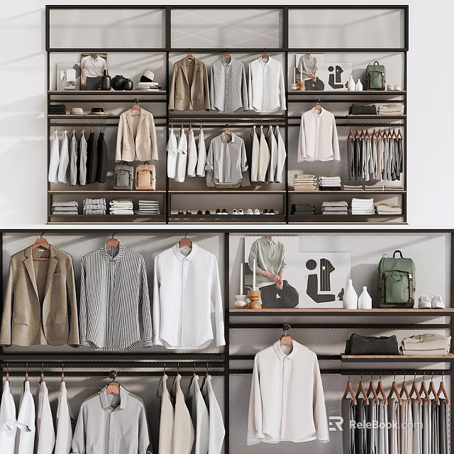 Organized Modern Wardrobe With Open Shelves Hanging Shirts Coats Bags And Shoes 3d model 