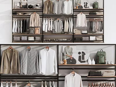 Organized Modern Wardrobe With Open Shelves Hanging Shirts Coats Bags And Shoes 3d model
