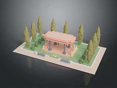 3D Model of Miniature Park With Pavilion Trees Bushes and Benches 3d model