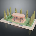 3D Model of Miniature Park With Pavilion Trees Bushes and Benches