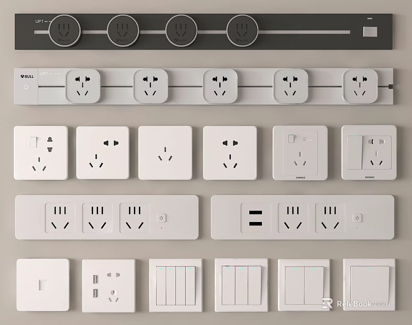 Modern Home Switch Panels with Various Designs and Socket Button Combinations 3d model 