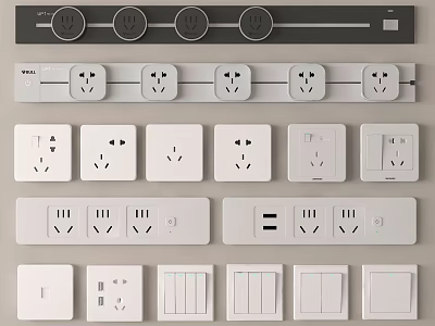 Modern Home Switch Panels with Various Designs and Socket Button Combinations 3d model