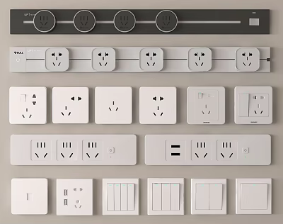 Modern Home Switch Panels with Various Designs and Socket Button Combinations 3d model