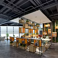 Modern Casual Lounge With Large Windows Green Plants Open Shelves Tables And Chairs