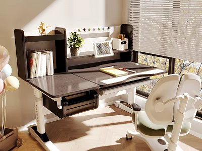 Modern Desk with Bookshelf Books Potted Plant and Ergonomic White Office Chair Near Window 3d model