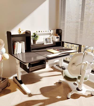 Modern Desk with Bookshelf Books Potted Plant and Ergonomic White Office Chair Near Window 3d model