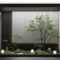 Modern Waterfall Feature Wall with Tree Plants Stones Round Lights and Wooden Ceiling