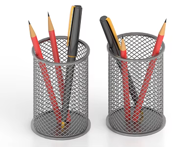 Red Pencils and Black Pens in Metal Mesh Pen Holders on White Background 3d model