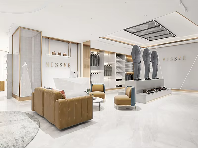 MUSSE Elegant Modern Clothing Store With Sofa Chairs Suit Mannequins And Display Shelves 3d model