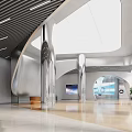 Modern Reception Area Design With Wooden Desk Silver Pillars And Curved Walls