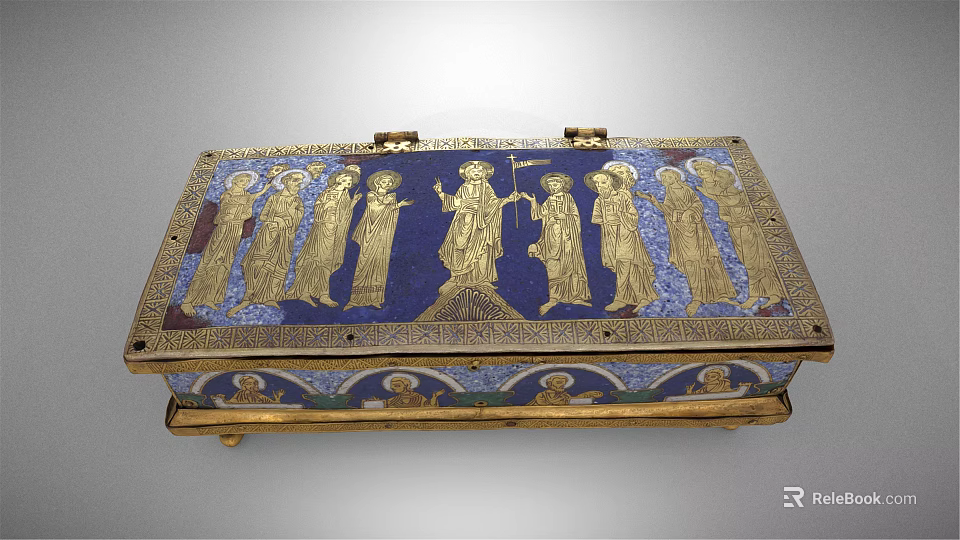 Antique Ornate Decorative Box Featuring Intricate Golden Figure Reliefs On Blue Background 3d model 