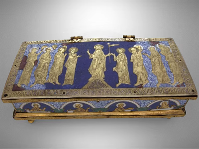 Antique Ornate Decorative Box Featuring Intricate Golden Figure Reliefs On Blue Background 3d model