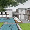 Modern Commercial Street Architecture With White Roofs Lush Trees And Green Spaces