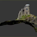 Cartoon Scene With Ruined Stone Tower On Green Grass Hill And Rocks