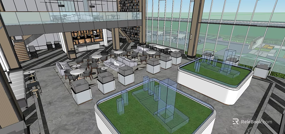 Modern Sales Office Interior With Open Space Model Display Lounge Area And Glass Curtain Wall 3d model 