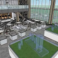 Modern Sales Office Interior With Open Space Model Display Lounge Area And Glass Curtain Wall