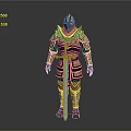 Detailed Game Movie Character In Ornate Gold And Red Decorated Armor With Intricate Design