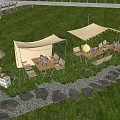 Outdoor Canopy Tent Setup With Grass Tables Chairs And Stone Path