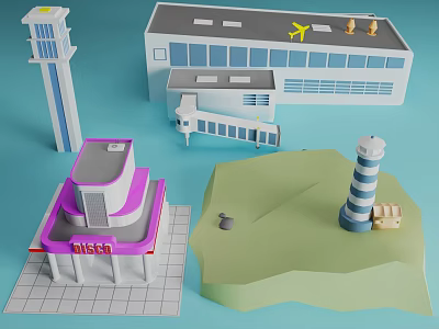 Airport Building Control Tower Disco Structure Lighthouse And Green Area Architectural Models 3d model