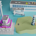 Airport Building Control Tower Disco Structure Lighthouse And Green Area Architectural Models 3d model