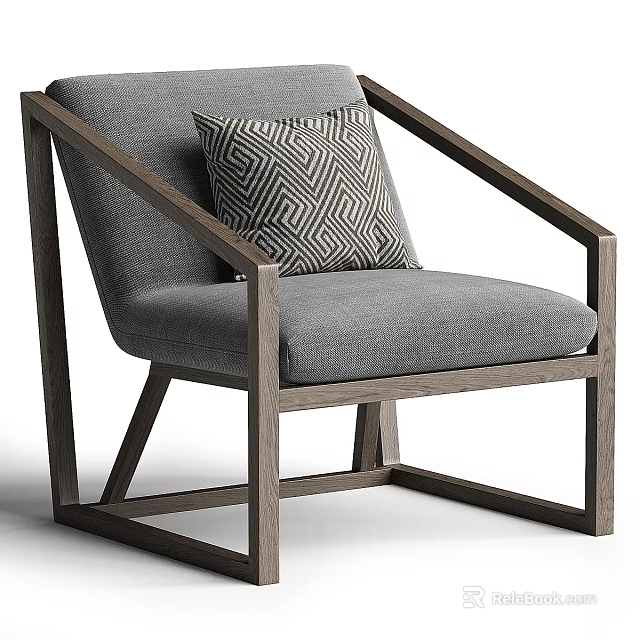 Stylish Modern Armchair with Wooden Frame Gray Fabric and Geometric Pattern Pillow 3d model 
