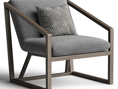 Stylish Modern Armchair with Wooden Frame Gray Fabric and Geometric Pattern Pillow 3d model