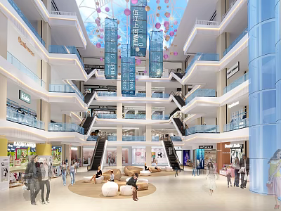 Spacious Multi Level Shopping Mall Atrium With Hanging Decorations People Activities And Comfortable Seating Area 3d model