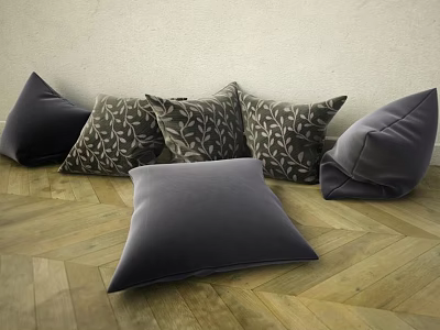 Velvet Decorative Pillows in Dark Gray and Patterned Design on Wooden Floor with Light Wall 3d model