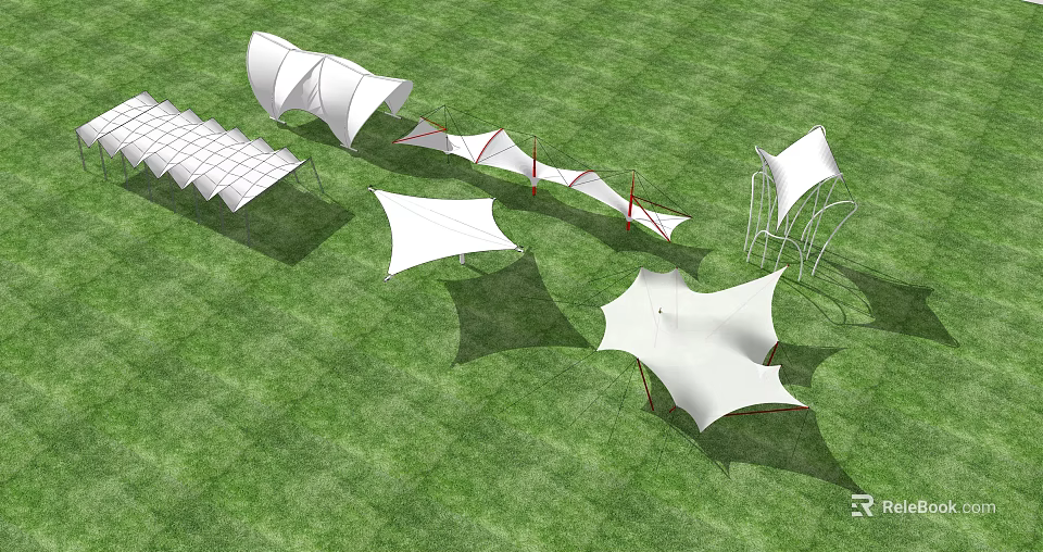 Modern Tensile Membrane Structures On Green Grass Field With White Canopies 3d model 