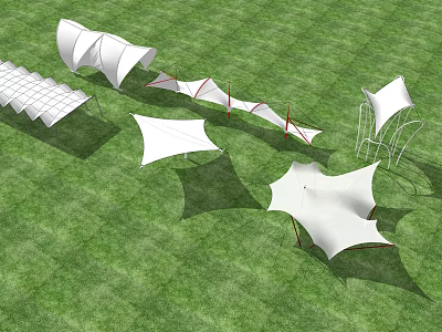 Modern Tensile Membrane Structures On Green Grass Field With White Canopies 3d model