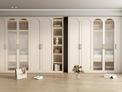 Modern White Wardrobe Interior Design With Glass Doors Open Shelving and Wooden Floor Decor 3d model