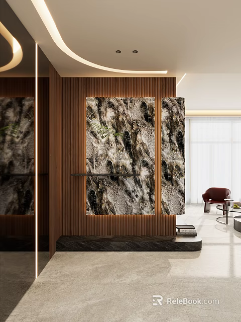 Modern Foyer Hallway Design With Wooden Walls And Marble Decorative Panels 3d model 