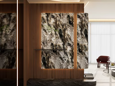 Modern Foyer Hallway Design With Wooden Walls And Marble Decorative Panels 3d model