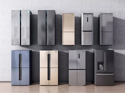 Modern Refrigerators In Various Colors And Styles Arranged On Display Wall 3d model